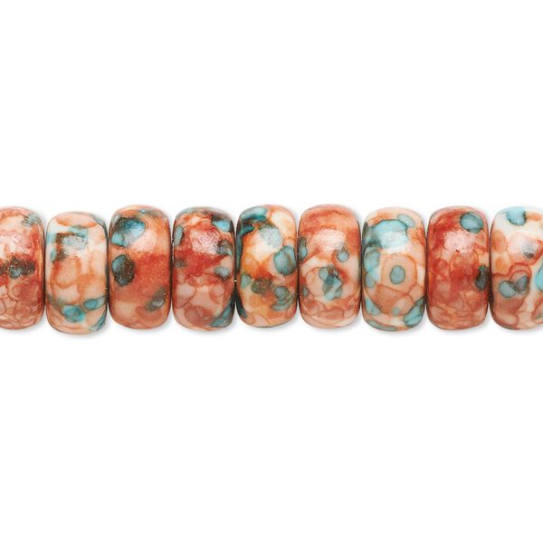 Bead, resin and painted ceramic, orange / blue / white, 10x5mm rondelle. Sold per 15-1/2" to 16" strand. image number 0