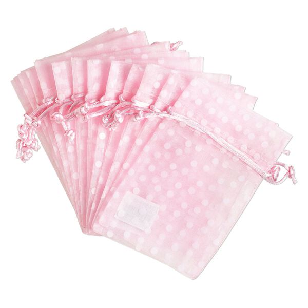 Pouch, flocked organza, pink and white, 6x4 inches with dots pattern and drawstring closure. Sold per pkg of 12. image number 0