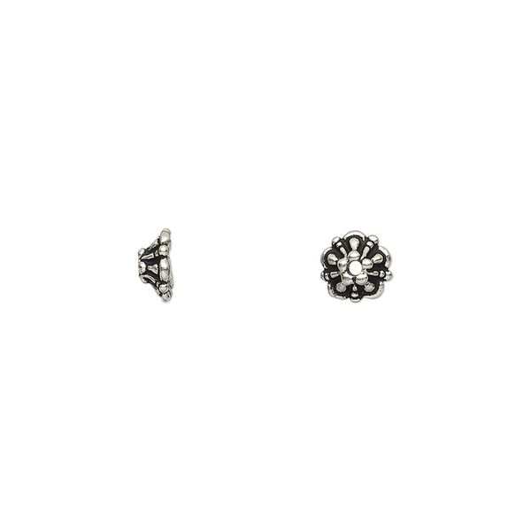 Bead cap, TierraCast®, antique silver-plated pewter (tin-based alloy), 6x2.5mm round flower, fits 5-7mm bead. Sold per pkg of 10. image number 0