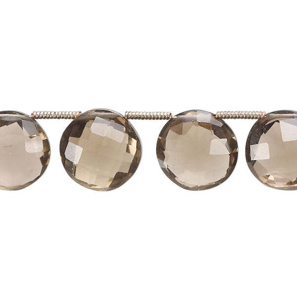 Smoky quartz 1pkg16, hand-cut top-drilled faceted puffed flat round bead 11-13mm image number 0