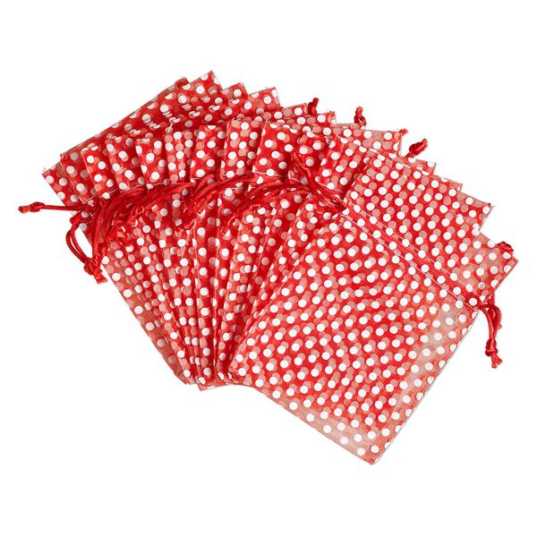 Pouch, organza, red and white, 6x4 inches with dots pattern and drawstring closure. Sold per pkg of 12. image number 0