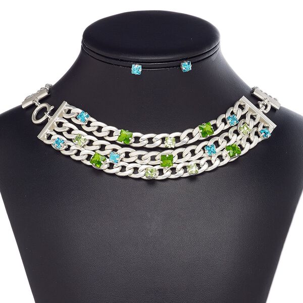 Necklace and earring set, 5-strand, glass / stainless steel / silver-plated steel / "pewter" (zinc-based alloy), matte / blue / green, 18-inch necklace with springring clasp, 6x6mm faceted square with post. Sold per set. image number 0