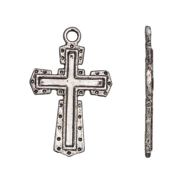 Drop, antique silver-plated "pewter" (zinc-based alloy), 27x20mm single-sided cross. Sold per pkg of 10. image number 0