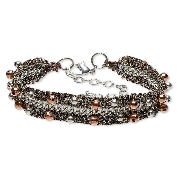 Bracelet, polyester / silver-plated steel / copper- / silver-coated plastic, multicolored, 17mm wide, 7-1/2 inches with 2-3/4 inch extender chain and lobster claw clasp. Sold individually. image number 0