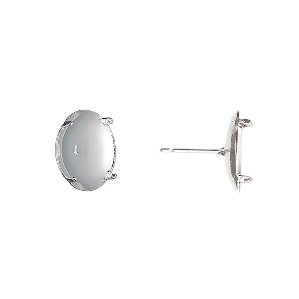 Earstud 1pkg10 silver-plated, 13mm round / 12mm round 4-prong setting, steel / stainless steel 5 pair image number 0