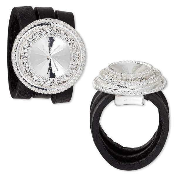 Ring, Almost Instant Jewelry®, leather (dyed) / crystals / silver-plated "pewter" (zinc-based alloy), black and crystal clear, 22mm wide with beaded rim and 12mm rivoli setting, size 8. Sold individually. image number 0