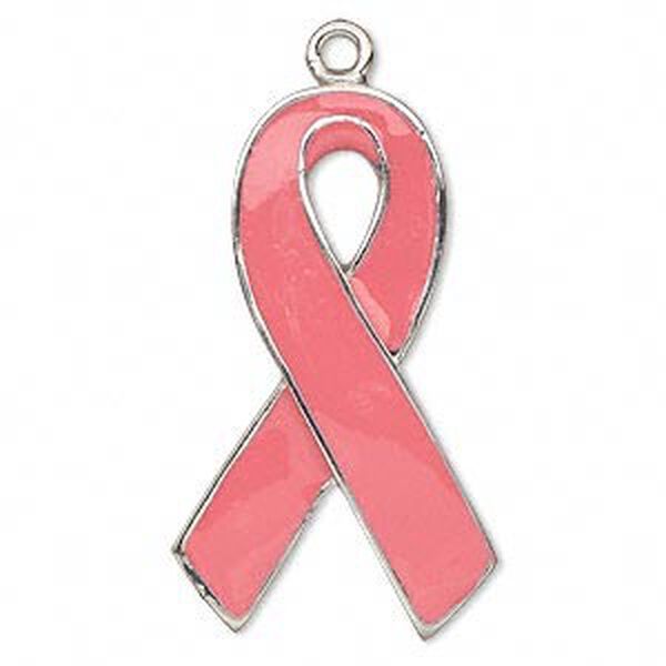 Focal, silver-plated "pewter" (zinc-based alloy) and enamel, pink, 37x21mm single-sided awareness ribbon. Sold individually. image number 0