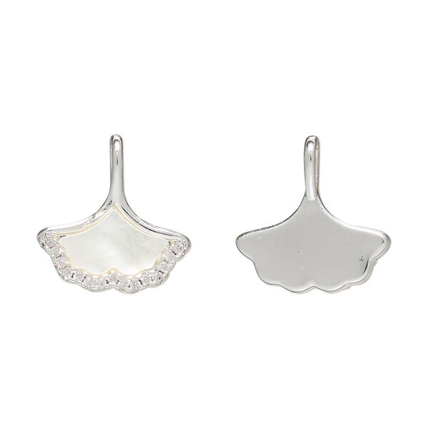 Pendant 1pkg1 brass / mother-of-pearl shell / glass rhinestone, 16x9mm ginkgo leaf, bleached silver finish / white / clear image number 0