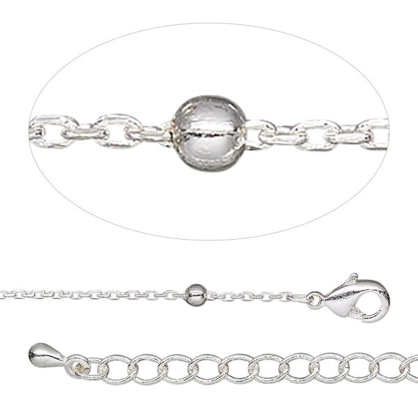 Chain, silver-plated brass, 1mm cable with 2.5mm ball, 18 inches with 2-inch extender chain and lobster claw clasp. Sold individually. image number 0