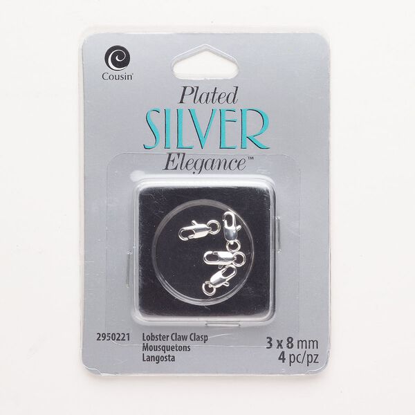 Clasp, lobster claw, copper, pkg/4, silver plate, 8x4mm oval. image number 0