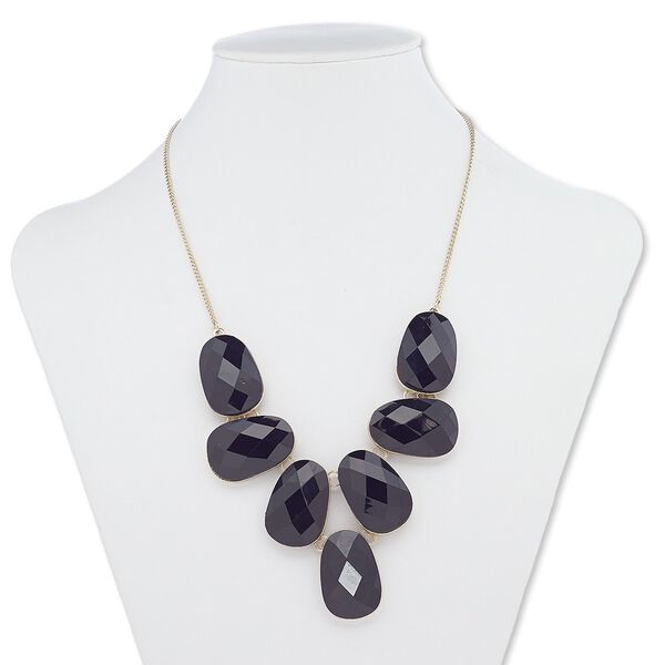 Necklace, acrylic with gold-finished steel and "pewter" (zinc-based alloy), black, 31x20mm faceted teardrop, 18 inches with 2-inch extender chain and lobster claw clasp. Sold individually. image number 0