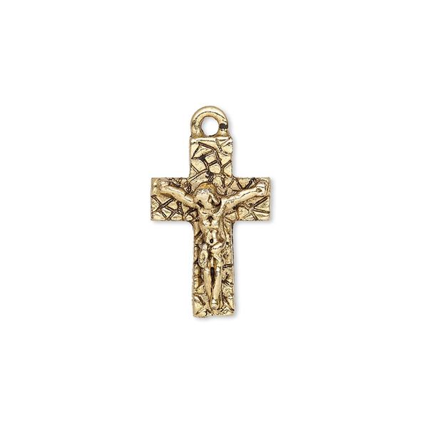 Drop, antique gold-plated pewter (tin-based alloy), 19x12.5mm single-sided crucifix. Sold individually. image number 0