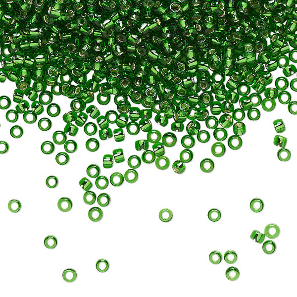 Seed bead, TOHO BEADS®, glass, pkg/50g, #11 round, transparent silver-lined grass green (TR-11-27B). image number 0