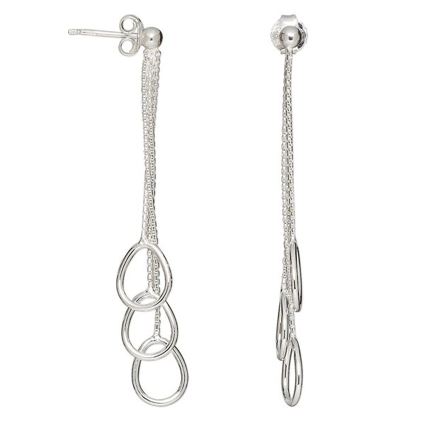 Earring, sterling silver, 49mm 3-chain dangle with pear-shaped drops and earpost. Sold per pair. image number 0