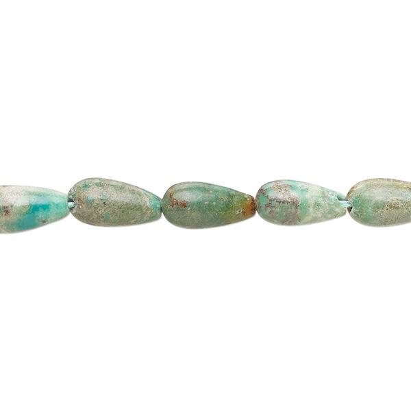 Bead, turquoise (dyed / stabilized), green-brown, 9x5mm-10x5mm teardrop with 0.8-1.1mm hole, C- grade, Mohs hardness 5 to 6. Sold per 15-1/2" to 16" strand. image number 0