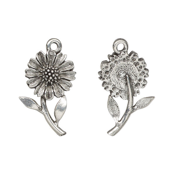 Charm, antiqued pewter (tin-based alloy), 21x13.5mm single-sided daisy. Sold per pkg of 2. image number 0