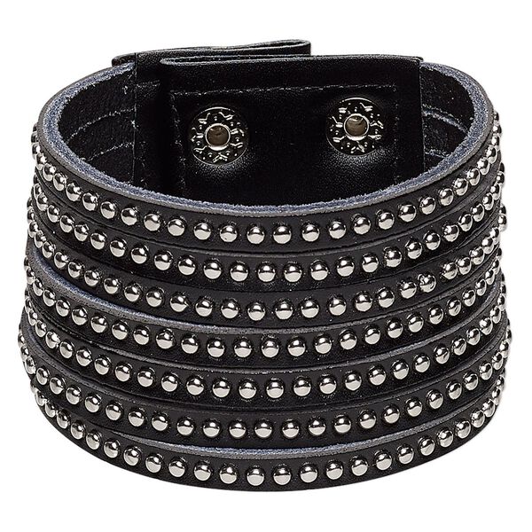 Bracelet, leather (dyed) and imitation rhodium-finished steel, black, 50mm wide with round studs, adjustable at 5-1/2 and 6-1/2 inches with snap closure. Sold individually. image number 0