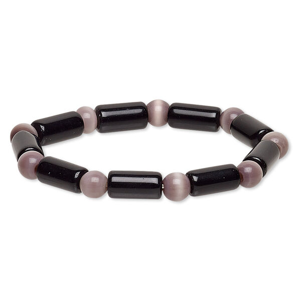 Bracelet, stretch, glass and cat's eye glass, opaque lavender and black, 7-8mm round and 14x7mm-15x8mm round tube, 6-1/2 inches. Sold individually. image number 0