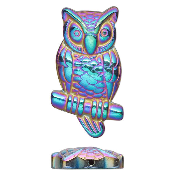 Hemalyke™ 1pkg1, electroplated half-drilled 1-sided owl focal 32.5x18mm image number 0