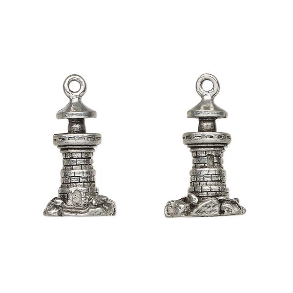Charm, antiqued pewter (tin-based alloy), 18x11mm 3D lighthouse. Sold per pkg of 2. image number 0