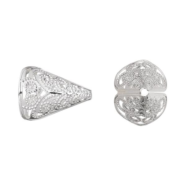 Cone, silver-plated brass, 16mm fancy filigree, 13x10mm inside diameter. Sold per pkg of 100. image number 0