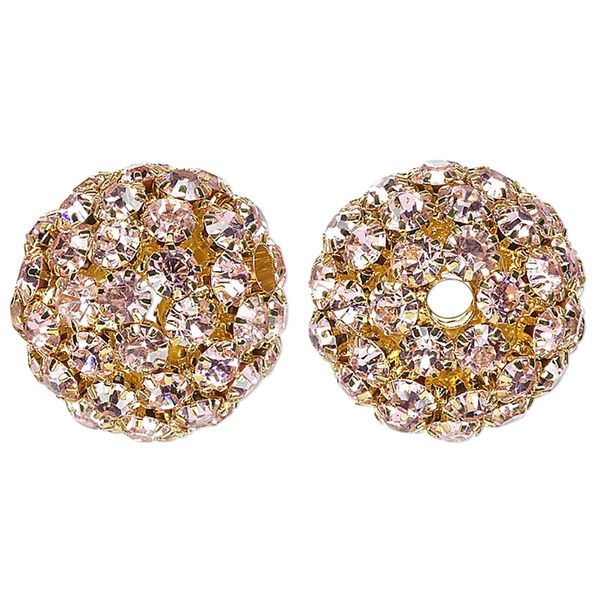 Bead, glass rhinestone and gold-finished brass, pink, 27mm ball with 5mm chatons, 4.5mm hole. Sold individually. image number 0