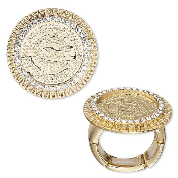 Ring, stretch, crystals and gold-finished "pewter" (zinc-based alloy), crystal clear, 27mm wide textured band with 18mm round setting, size 7-8. Sold individually. image number 0