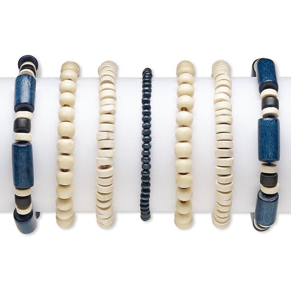 Bracelet, stretch, wood (natural) and painted wood, black and dark blue, 4x3mm-20x9mm assorted shape, 6-1/2 inches. Sold per pkg of 7. image number 0
