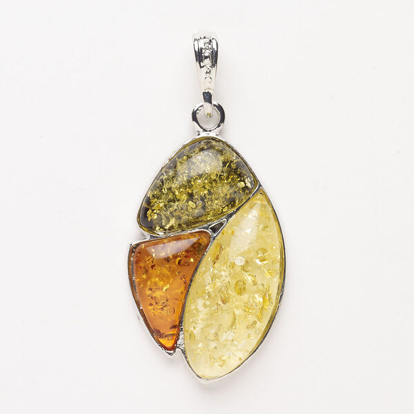 Pendant, brass and acrylic, pkg/1, 65x38mm-67x38mm oval, silver finish and multicolored with crackle effect. image number 0