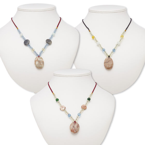 Multi-gemstone / acrylic / glass 1pkg3, oval pendant necklace C grade, mix continuous loop 20 inch 30x23mm-33x24mm image number 0