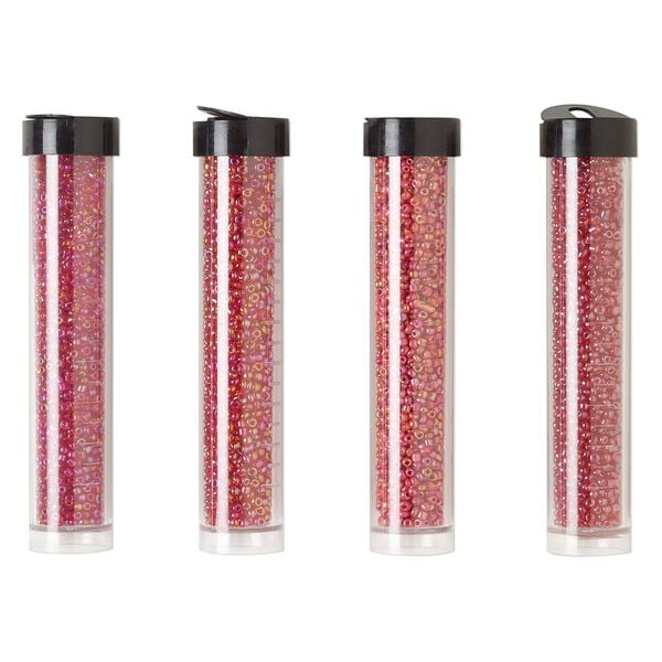 Seed bead assortment, Ming Tree™, glass, pkg/(4) 4 x 3/4 inch vials, #11 round, opaque to transparent rainbow luster ruby red and red. image number 0