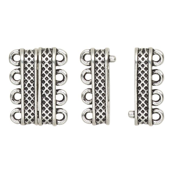 Clasp, 4-strand magnetic, antique silver-finished "pewter" (zinc-based alloy), 20x9mm rectangle with textured design. Sold individually. image number 0
