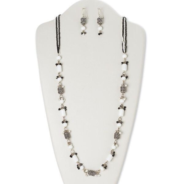 Necklace and earring set, glass / silver-finished steel / brass / antiqued silver-finished brass, black and white, 32 inches with lobster claw clasp, 2-1/4 inch earrings with fishhook ear wire. Sold per set. image number 0