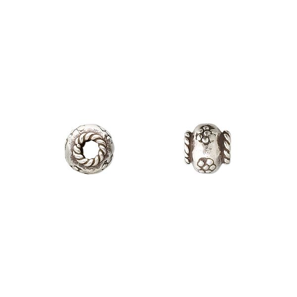 Bead, Hill Tribes, antiqued sterling silver, 7x6mm rondelle with flower design and rope edge. Sold per pkg of 2. image number 0