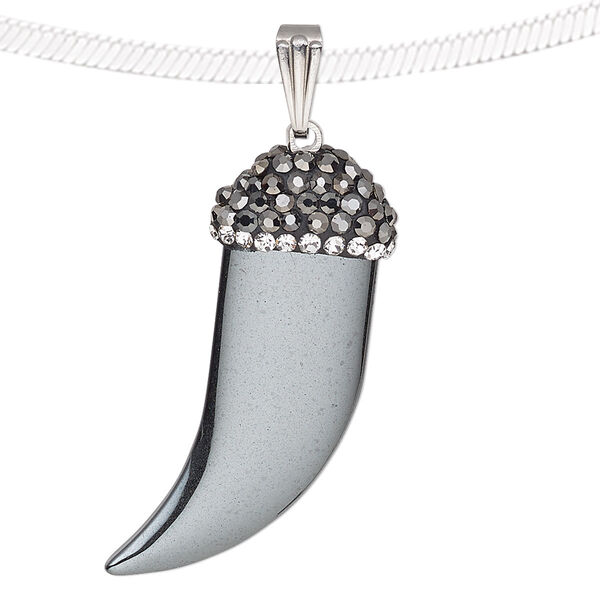 Pendant, Hemalyke™ (man-made) / glass / epoxy / silver-finished brass, black and clear, 35x21mm double-sided talon. Sold individually. image number 0