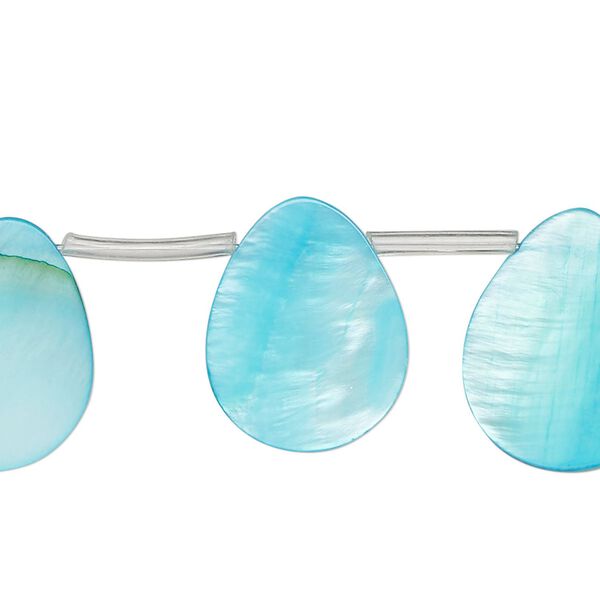 Bead, mother-of-pearl shell (dyed), blue, 19x6mm-20x10mm top-drilled flat teardrop, Mohs hardness 3-1/2. Sold per 15-inch strand, approximately 20 beads. image number 0