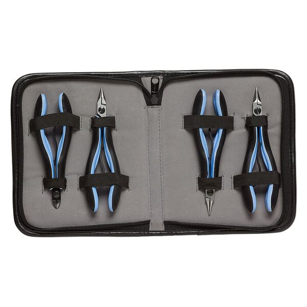 Pliers, Lindstrom® RX series, round-nose / flat-nose / chain-nose / flush-cutter, steel / plastic / rubber, blue and black, 5-1/4 to 5-3/4 inches with case. Sold per 4-piece set. image number 0