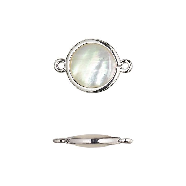 Link, mother-of-pearl shell and imitation rhodium-finished brass (assembled), 12.5mm-13.5mm double-sided round. Sold per pkg of 4. image number 0