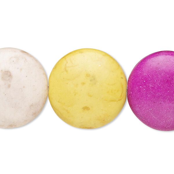 Bead, "howlite" (resin) (imitation), mixed colors, 20mm puffed flat round. Sold per 8-inch strand. image number 0