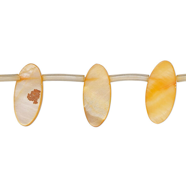 Bead, mother-of-pearl shell (dyed), orange, 15x5mm-16x7mm top-drilled flat oval, Mohs hardness 3-1/2. Sold per 14-inch strand, approximately 25 beads. image number 0
