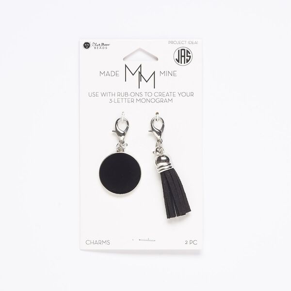 Drop, faux suede / enamel / silver-finished "pewter" (zinc-based alloy) / steel, black, 25mm flat round and 35x23mm tassel with lobster claw clasp. Sold per pkg of 2. image number 0