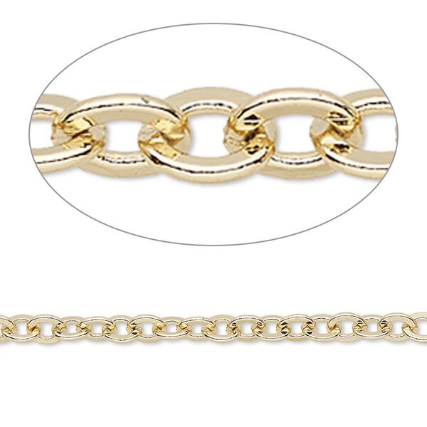 Chain, gold-finished brass, 4mm flat cable. Sold per 50-foot spool. image number 0