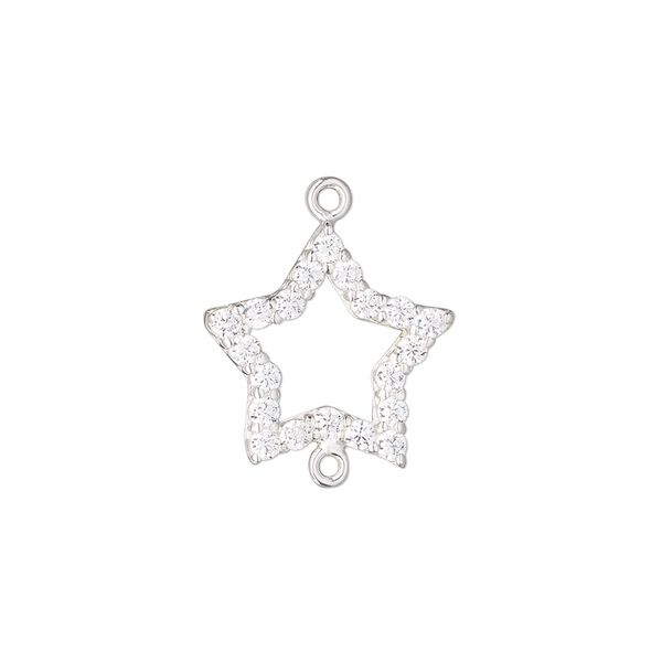 Link, sterling silver and cubic zirconia, clear, 16.5x16mm single-sided open star. Sold individually. image number 0