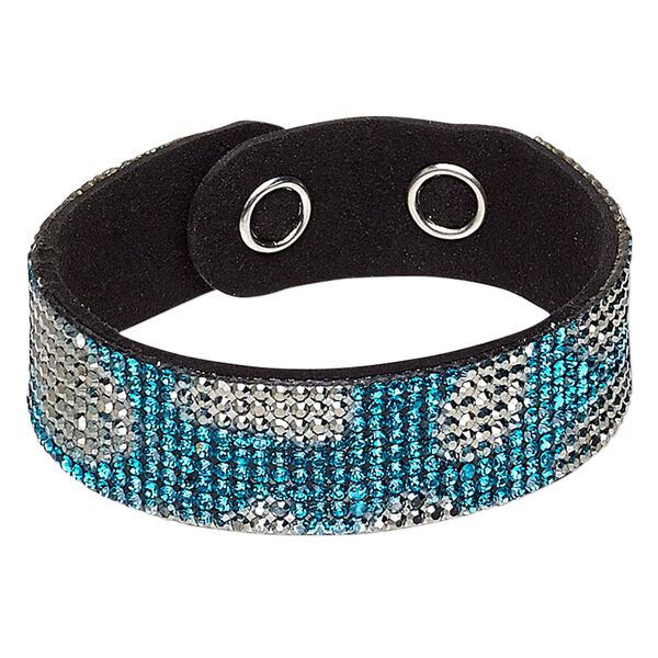 Bracelet, glass rhinestone / faux suede / imitation rhodium-plated brass, black / teal blue / metallic silver, 20mm wide, adjustable at 6 and 6-1/2 inches with snap closure. Sold individually. image number 0