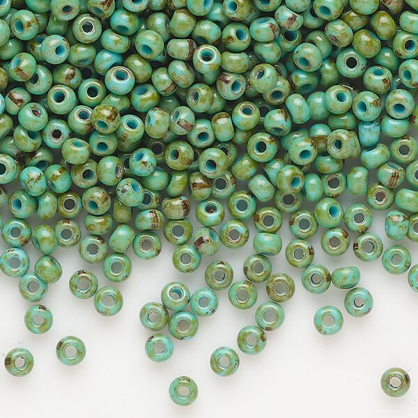 Seed bead, Preciosa Ornela, glass, opaque turquoise blue travertine, #8 rocaille. Sold per 50-gram pkg. image number 0