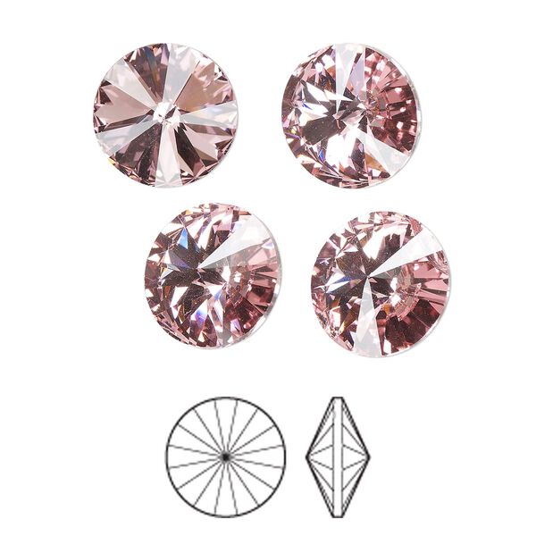 Chaton, Preciosa MAXIMA Czech crystal rhinestone, light rose, foil back, 12mm faceted rivoli. Sold per pkg of 144 (1 gross). image number 0