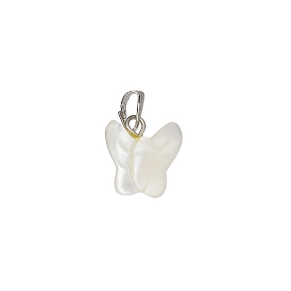 Pendant, mother-of-pearl shell (bleached) / antique silver-finished "pewter" (zinc-based alloy) / steel, 12x11mm-15x12mm single-sided carved butterfly. Sold individually. image number 0