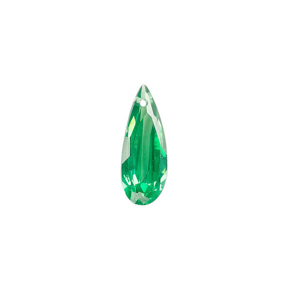 Drop, cubic zirconia, emerald green, 18x7mm hand-faceted teardrop, Mohs hardness 8-1/2. Sold per pkg of 2. image number 0
