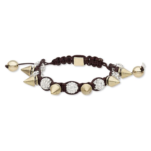 Bracelet, glass rhinestone / nylon / polymer clay / gold- / antique gold-finished "pewter" (zinc-based alloy), dark brown / white / clear, 8mm round and 12x7mm spike, adjustable from 5-1/2 to 8-1/2 inches with macramé knot closure. Sold individually. image number 0