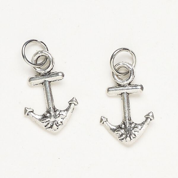 Charm, steel, pkg/2, silver finish, 20x13mm-21x14mm double-sided anchor. image number 0